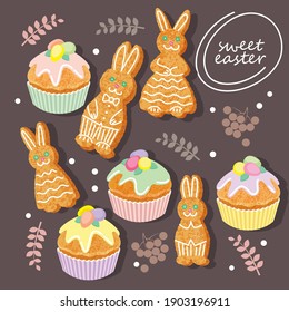 set of sweet traditional pastries for the Easter holiday. cookies in the form of a family of hares or rabbits, sweet cupcakes with icing and marzipan eggs. flat drawing with texture. stock vector