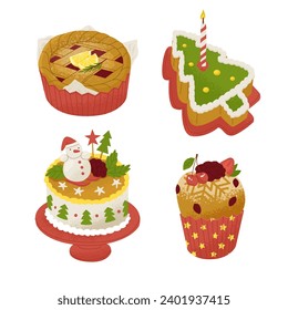 A set of sweet treats for a Christmas and New Year's party. Winter cake in the shape of a Christmas tree, cupcake, pie. Vector illustration isolated on white background.