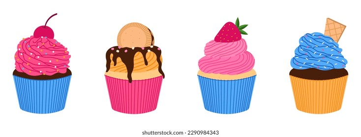 Set of sweet vanilla and chocolate cupcakes decorated with whipped cream, cookies, berries and sprinkles. Flat vector illustration isolated on white background.