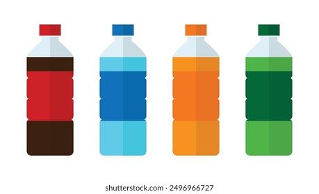 Set of sweet water plastic bottle soda, lemon, orange and water. Drinks in bottles. Plastic beverage bottles icon set. Bottled cold drinks flat vector illustration.