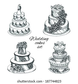 Set of sweet wedding celebration cakes with decoration flower garland swans and couple isolated vector illustration