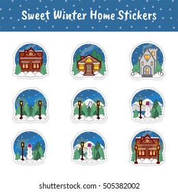 Set of sweet winter home. Christmas, winter icons or stickers set. Home, house, cottage, cabin with cute windows, snow, sky. Pine trees and snowman. Kawaii house 