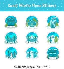 Set of sweet winter home stickers. Cute light blue stickers with winter landscape, houses, cottage, forest, mountain, snowman, street lamp, snowflakes, snow. Perfect for diary, stationery, stamps