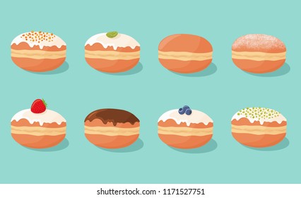 Set of sweet yummy donuts with various tasty fillings, toppings and flavors isolated on background.
Polish, german, jewish, european, american cuisine. Vector illustration.