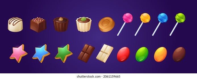 Set of sweets and bakery desserts, lollipops, toffee, bitter and white chocolate bars. Choco candies with praline, nuts or cocoa topping, caramel, gingerbread stars patisserie assortment, Vector icons