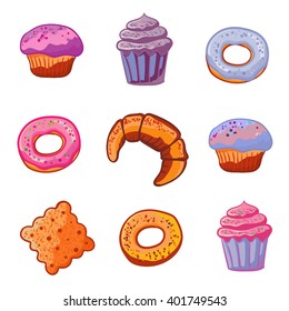 Set of sweets baking products. Dessert icons flat style Muffin, donut, macaroon, ice cream, dessert, croissant, cookie on a white background Vector illustration.
