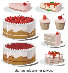 Set of sweets from the berries. Cake, cheesecake, cupcakes with cherries, strawberries, raspberries, blueberries.