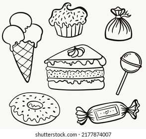 Set of sweets, black and white silhouettes, vector illustration.