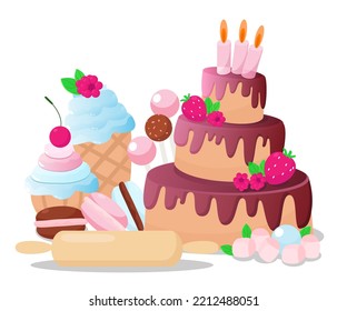 Set of sweets cake, macaron, marshmallow, ice cream, muffin with cream, fruits, lollipops and candy pop and rocker isolated on white background in cartoon style.