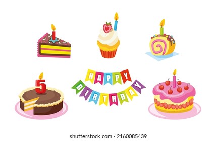 Set of sweets and cakes for birthday celebration with candles and greeting festive garland. Decorated confectionary cupcakes isolated on white background. Cartoon flat vector illustration