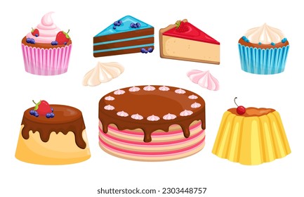 Set of sweets and cakes. Confectionery vector illustration. Sweet bakery.