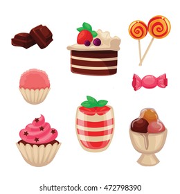Set of sweets, cakes, cupcakes, candy and ice cream, cartoon style vector illustration isolated on white background. Yummy dessert decorative icons set. Cakes, cupcakes, ice cream, candies, lollipops