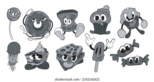 A set of sweets and cakes food vintage toons: funny character, vector illustration trendy classic retro cartoon style 30s.