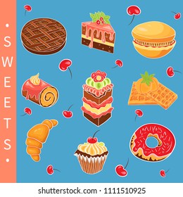 A set of sweets: cakes, ice cream, candy, rolls, pies, desserts, cupcakes, cherry, chocolate, croissant, marmalade
