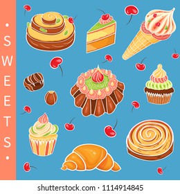
A set of sweets: cakes, ice cream, candy, rolls, pies, desserts, cupcakes, cherry, chocolate, croissant, marmalade