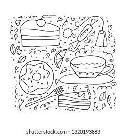 Set of sweets and cakes. Tea time concept on a white background. Coloring book in cartoon doodle style