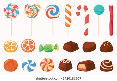 Un conjunto de dulces y caramelos. Chocolate y copas. Dulce tienda. Ilustración del vector