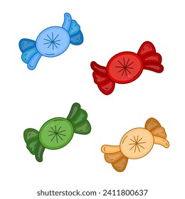Set sweets candies deferent colors. Vector illustration doodle Macaroon, swirl, chocolate candy. Hand drawn illustration for sticker pack, cover, postcards, print, social media, icon, scrapbooking.