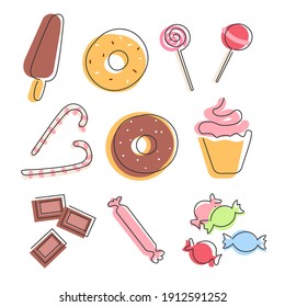 Set of sweets and candies icon in trendy one outline style with color. Template for confectionery, shops, web banner, textile, poster, advertise. Cupcake, donut, ice cream, lollipop,caramel, chocolate