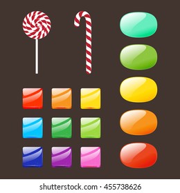 Set of sweets and candies icons. Vector illustration on chocolate background.