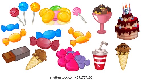 set of sweets - candies, lollipops, candy wrappers in, ice cream, beverage, cake cartoon vector illustration