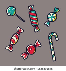 Set of sweets candy illustrations for holiday design. Halloween or New Year elements. October party banner, poster or postcard
