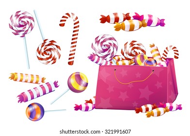 Set of sweets. candy, lollipops, candy, chocolate. Big set, pink, bright, brilliant. Without the background, on a white background.