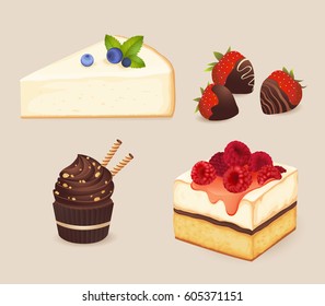 Set of sweets. Cheesecake slice with blueberries, chocolate covered strawberries, cupcake, cake with fresh raspberry. Vector illustration.