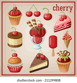 Set of sweets with cherry. vector illustration