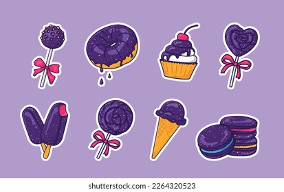 un conjunto de dulces. Bar infantil con pastelitos, palomitas, helados, donut, capops, chupete, macarons. Ilustración vectorial. Juego de dibujos animados para imprimir