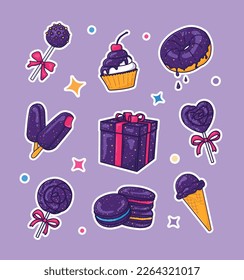 a set of sweets. Children's bar with cupcake, popsicle, ice cream cone, donut, capops, lollipop, macaroons. Vector illustration. Cartoon set for printing