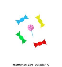 Set of sweets with chocolate, candy spiral lollipop with white stick isolated on background. Halloween decorations. Coloured sugar clipart. Flat cartoon vector illustration. Bundle of tasty dessert