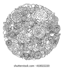 Set of sweets with chocolate, cream, lollypos. Artistically drawn, stylized. uncoloured  black and white ornament in adult coloring book style. Could be use  for adult coloring book  in zenart style. 