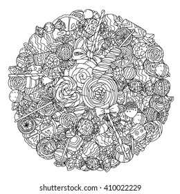 Set of sweets with chocolate, cream, lollypos. Artistically drawn, stylized. uncoloured  black and white ornament in adult coloring book style. Could be use  for adult coloring book  in zenart style. 