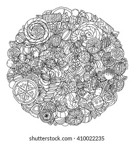 Set of sweets with chocolate, cream, lollypos. Artistically drawn, stylized. uncoloured  black and white ornament in adult coloring book style. Could be use  for adult coloring book  in zenart style. 