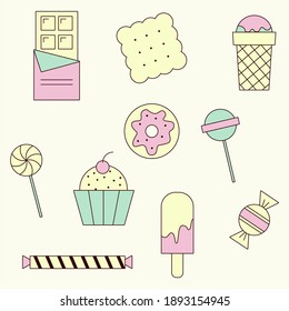 set of sweets, chocolate, ice cream, cake, cookies