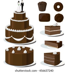 Set of sweets and chocolate. Wedding cake, piece of pie, cookies, muffins, cheesecake