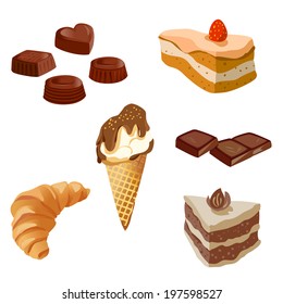 Set of sweets, chocolates, cakes. vector illustration