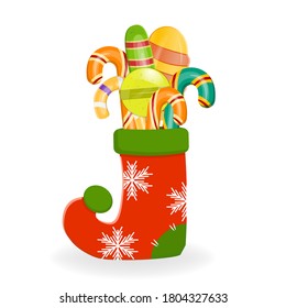 A set of sweets in a Christmas sock isolated on a white background. Vector illustration in cartoon style. Candy canes in a sock gift for the new year, socks for the fireplace.