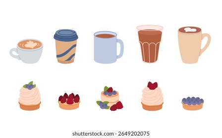 Set of sweets and coffee. Hot drinks in different mugs and berry desserts, tartlets. Hot beverages cappuccino, latte, cocoa. Flat vector illustration isolated on white background