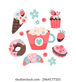 Set de dulces y café. Imagen de magdalenas, rosquillas y macarrones. Ilustración vectorial