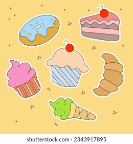 A set of sweets. A collection of delicious, high-calorie food. Illustration in a cartoon flat style. 