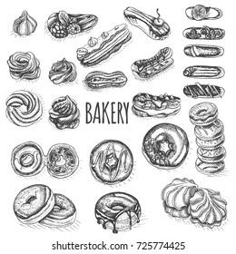 Set of sweets. Collection of sketches donuts, eclairs, marshmallows.