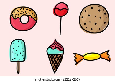 A set of sweets. Cookie, donut, ice cream, candy. Good elements for any project.