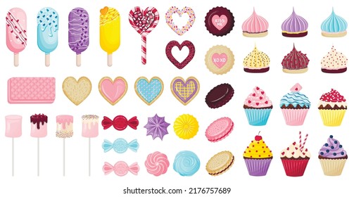 set of sweets, cookies, cupcakes, ice cream, waffles, marshmallows on sticks, lollipops, meringue for Valentine's Day decorated with berries and hearts.