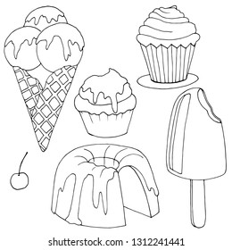  set of sweets, a cupcake with cream, a cake, ice cream, drawings in black and white