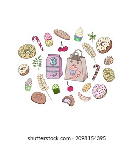 Set with sweets, cupcakes, berries. Vector illustrations can be used for a website, bakery, cafe menu.