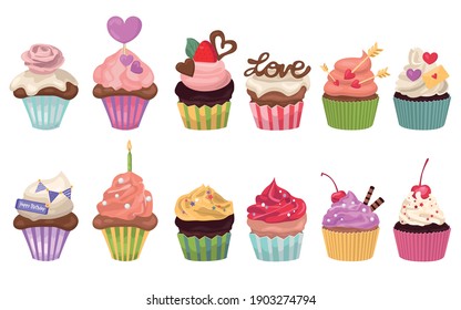 Set of sweets cupcakes and muffins with cream and chocolate cakes. Cupcake and happy birthday concept. Vector illustration design