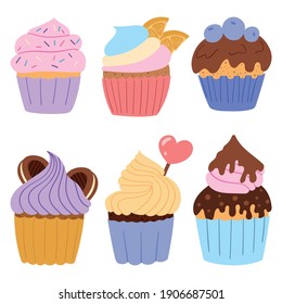 Set of sweets cupcakes and muffins with cream and chocolate cakes. Sweet pastries decorated with cherry and heart. Vector illustration design