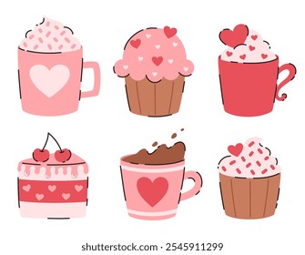 Set of sweets and cups of hot chocolate. Flat vector illustration.